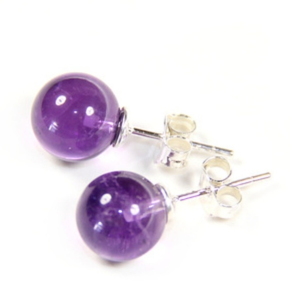 NATURAL AMETHYST BALL STUD EARRINGS - Picture 1 of 1